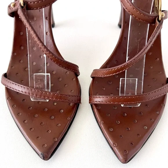 GUCCI | GG Logo Brown Leather Strappy Heels Sandals Size 7.5 - Picture 8 of 16
